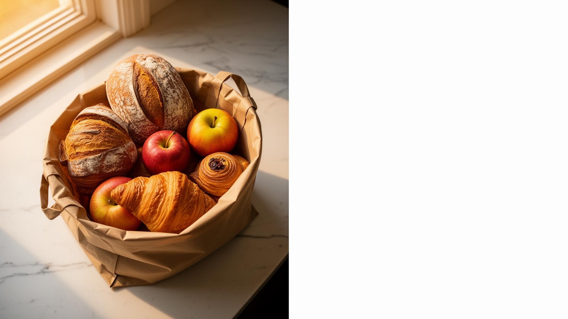 A bag of rescued sourdough bread, croissants and fruit